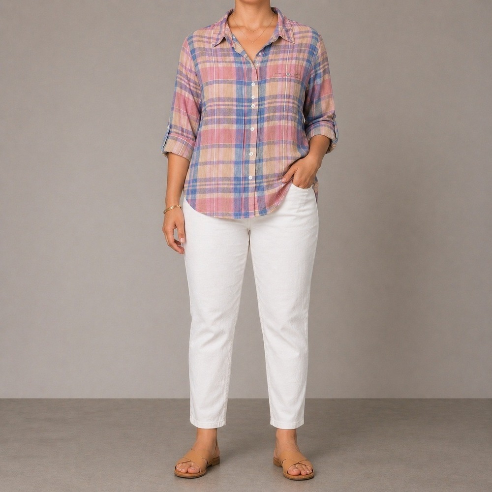 Vintage Chico's Sz 2 12 L 100% Linen Button Down Shirt Plaid Madras Style Pastel